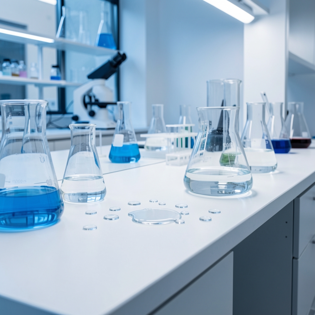 Nowoczesna, minimalistyczna przestrzeń laboratoryjna z białymi blatami, szklanymi naczyniami i kroplami przezroczystego płynu na powierzchni, chłodne niebieskie oświetlenie boczne, brak osób w kadrze